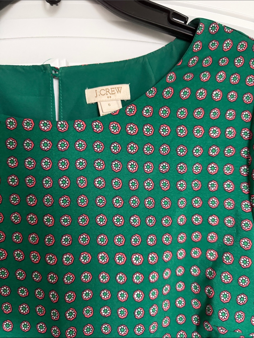 J. Crew Factory Green Patterned Short Sleeve Shift Dress with Pink Border - Picture 2 of 3